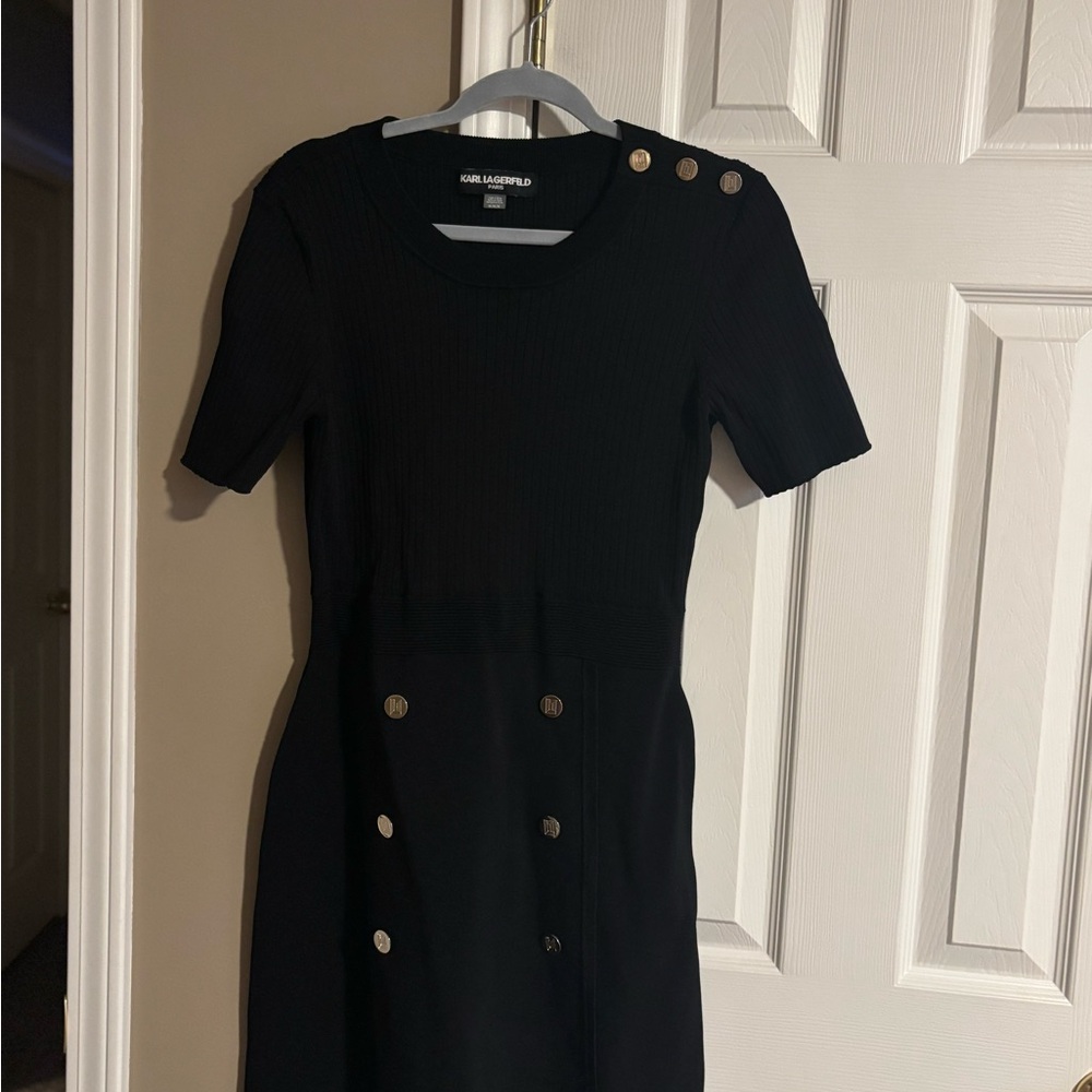 Karl Lagerfeld Black Gold Buttoned Sheath Dress
